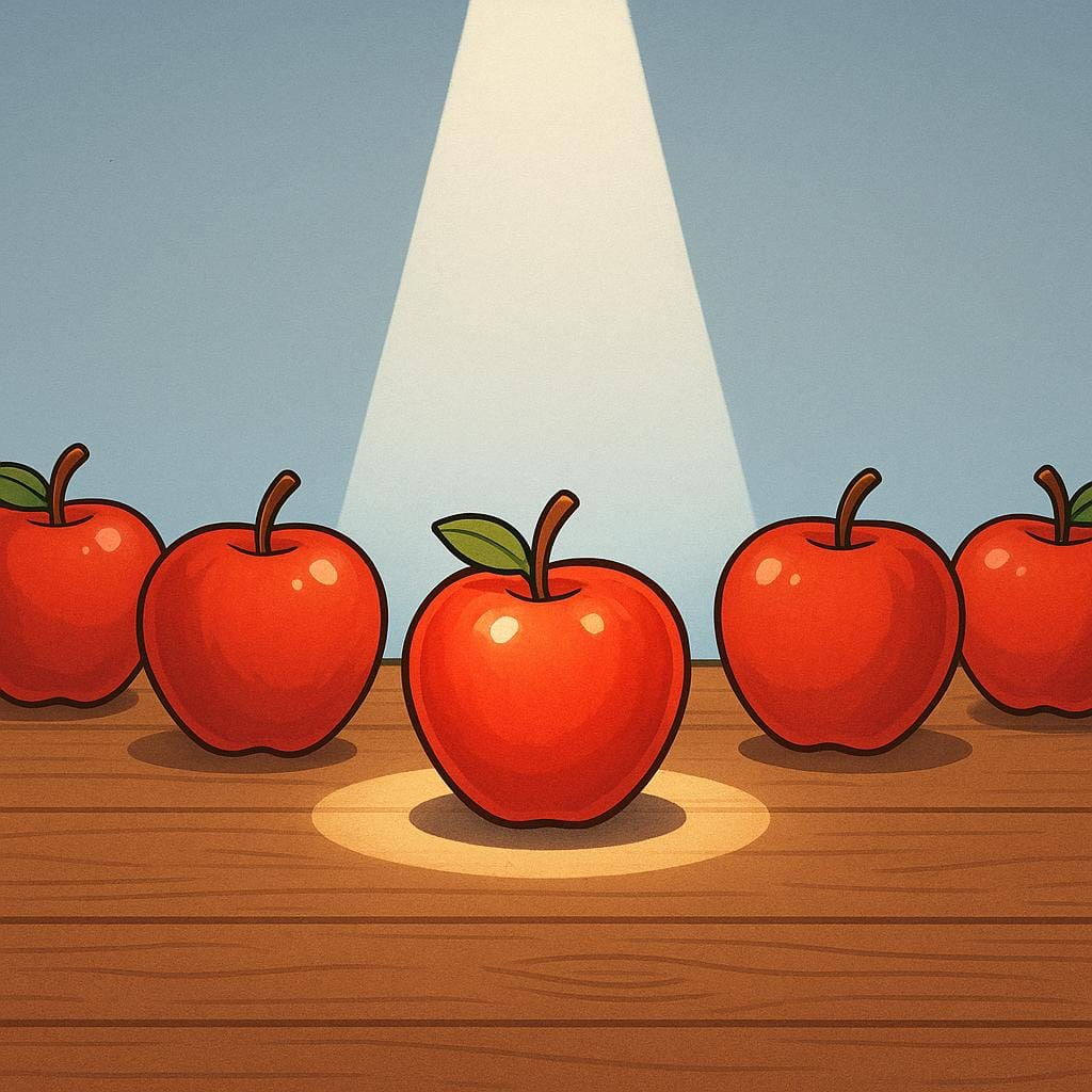 Een rij identieke rode appels, waarbij een spotlicht fel op één specifieke appel schijnt.