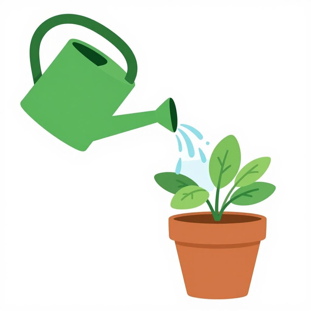 Um regador verde derramando gotas de água sobre uma pequena planta em vaso.