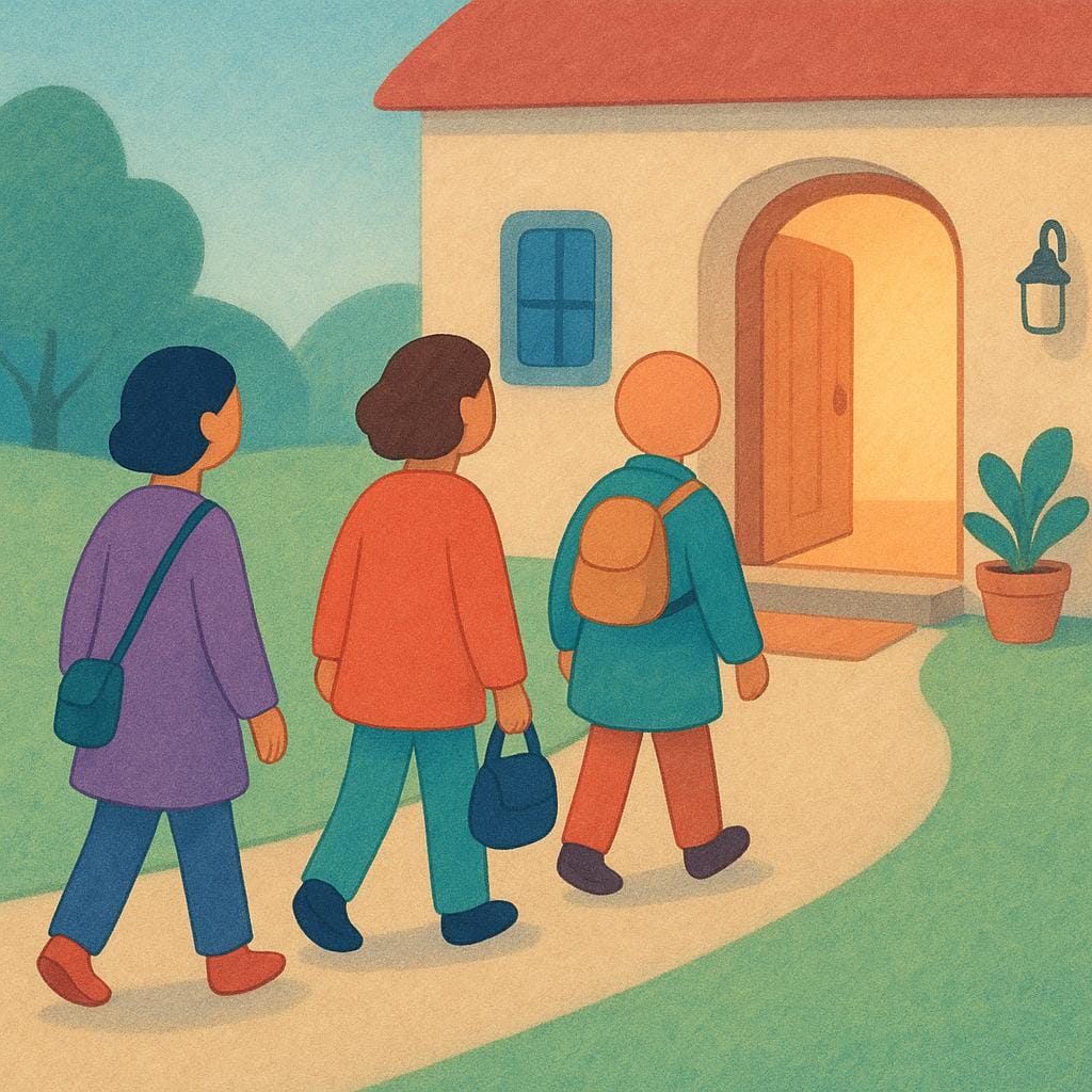 Um grupo de três pessoas estilizadas, carregando pequenas bolsas, caminhando por um caminho em direção à porta aberta e acolhedora de um edifício de cores vivas, ilustrando pessoas chegando como visitantes.