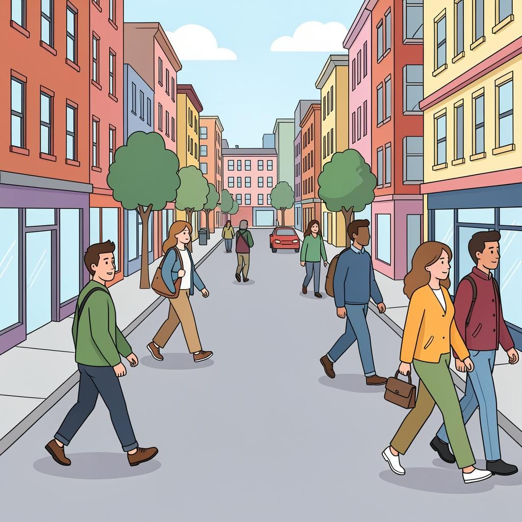 A small group of people walking past each other on a sidewalk, their faces turned away, illustrating people who are not acquainted.