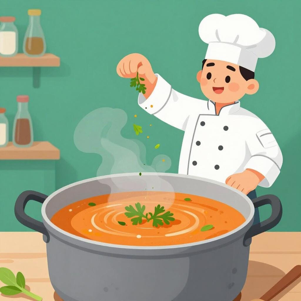 Um chef polvilhando ervas verdes em uma grande panela de sopa.