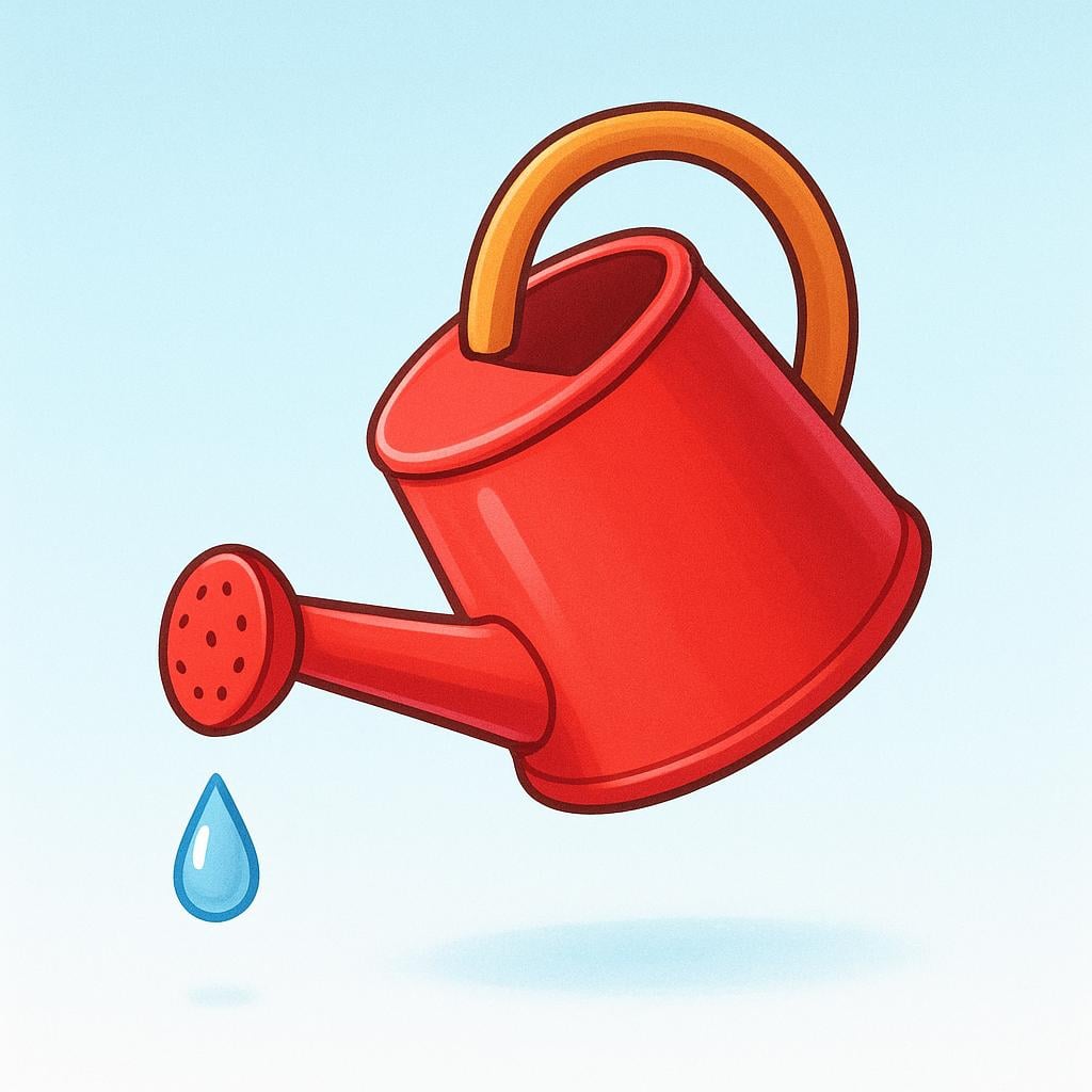 A colorful watering can is tilted, showing only a single drop of water escaping, illustrating that the supply is completely depleted.
