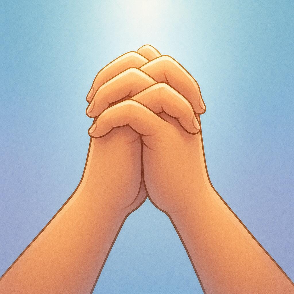 Een close-upillustratie van twee zachte handen die in een houding van gebed of eerbied in elkaar gevouwen zijn, gebaad in een zacht, etherisch gouden licht dat van bovenaf schijnt.