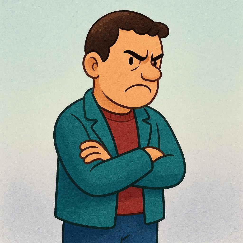A simple colorful illustration of an adult person with a harsh, scowling expression, standing stiffly with crossed arms, indicating rudeness or being unpleasant.