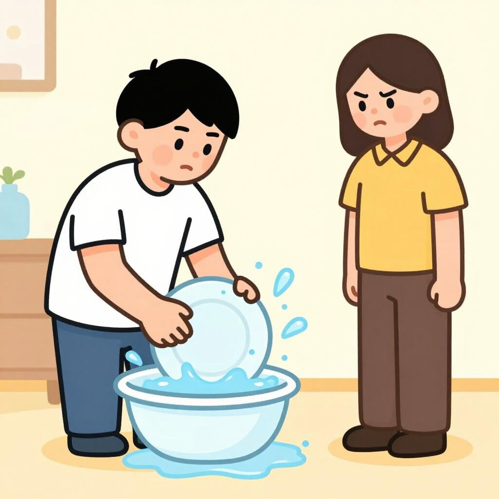 A person accidentally splashing water on a friend while washing dishes, causing the friend to look annoyed.