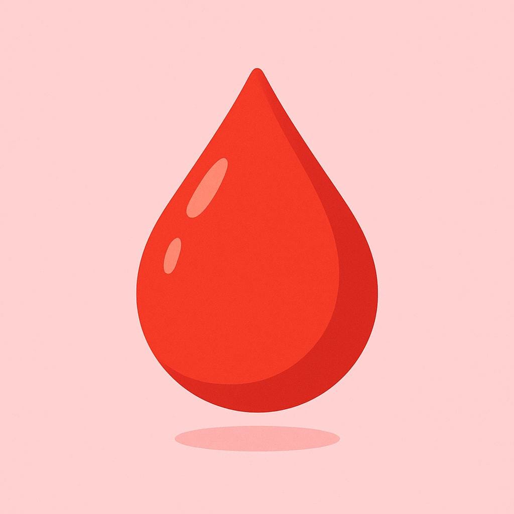 A single, simple, stylized red drop shape centered against a soft pink background, symbolizing menstruation.