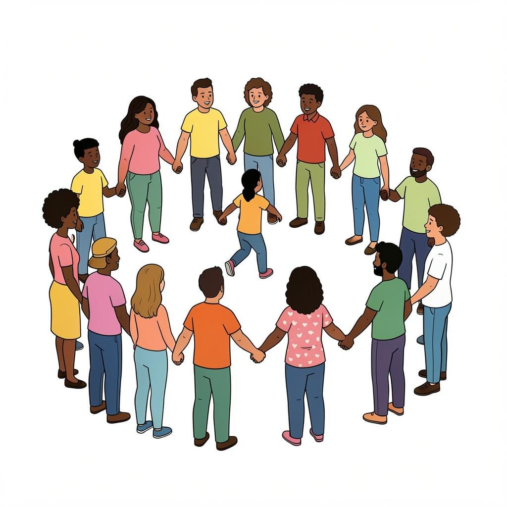 A group of colorful people standing in a circle, with one new person stepping into the gap to hold hands with the others.