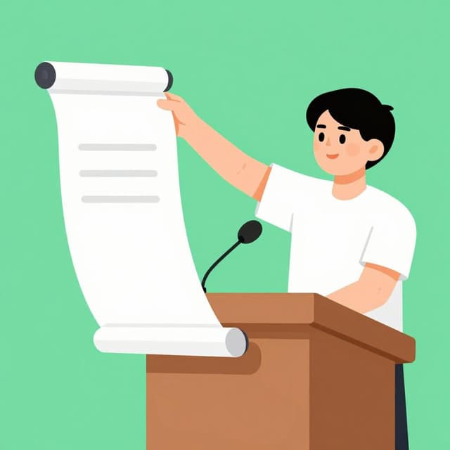 A public speaker at a podium pulling a large scroll back toward themselves with a serious expression.
