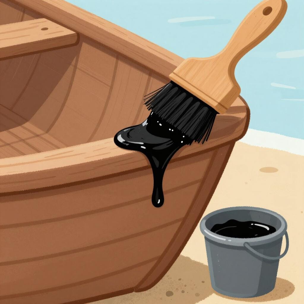 Uma escova de madeira aplicando piche preto grosso no casco de um pequeno barco de madeira.