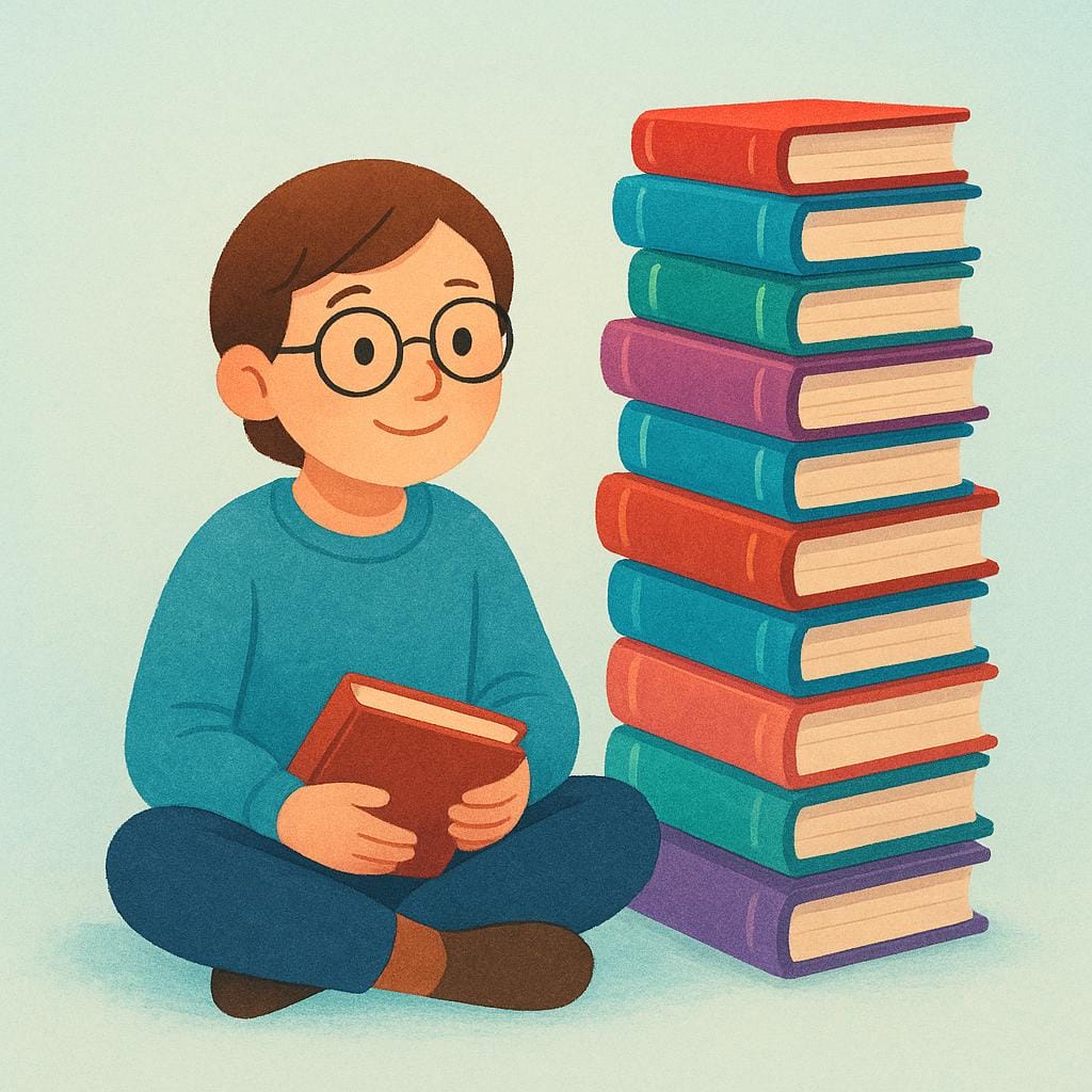 A thoughtful character wearing glasses, sitting comfortably next to a large, colorful stack of books, representing someone who is knowledgeable.