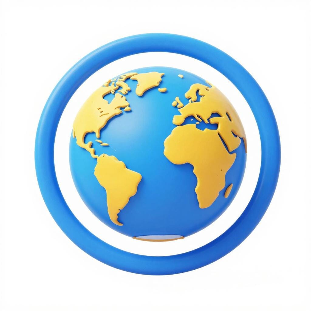 A colorful globe icon surrounded by a glowing blue ring on a plain background.