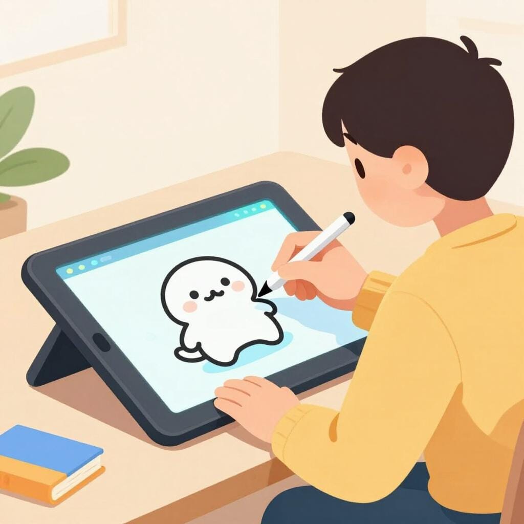 A person sitting at a desk drawing a character on a large digital tablet.