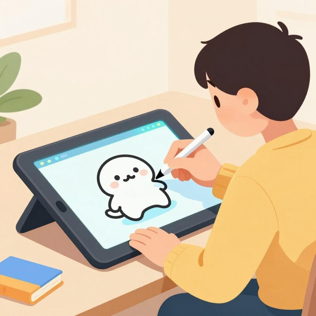 A person sitting at a desk drawing a character on a large digital tablet.