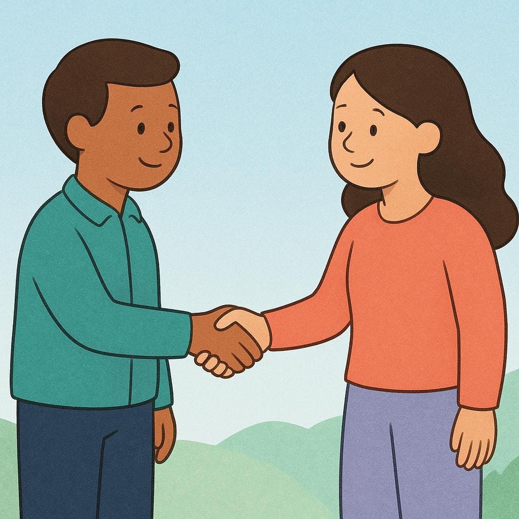 서로 인사하며 악수하는 두 명의 친근한 인물을 보여주는 단순하고 다채로운 동화 삽화, 첫 만남을 상징합니다.