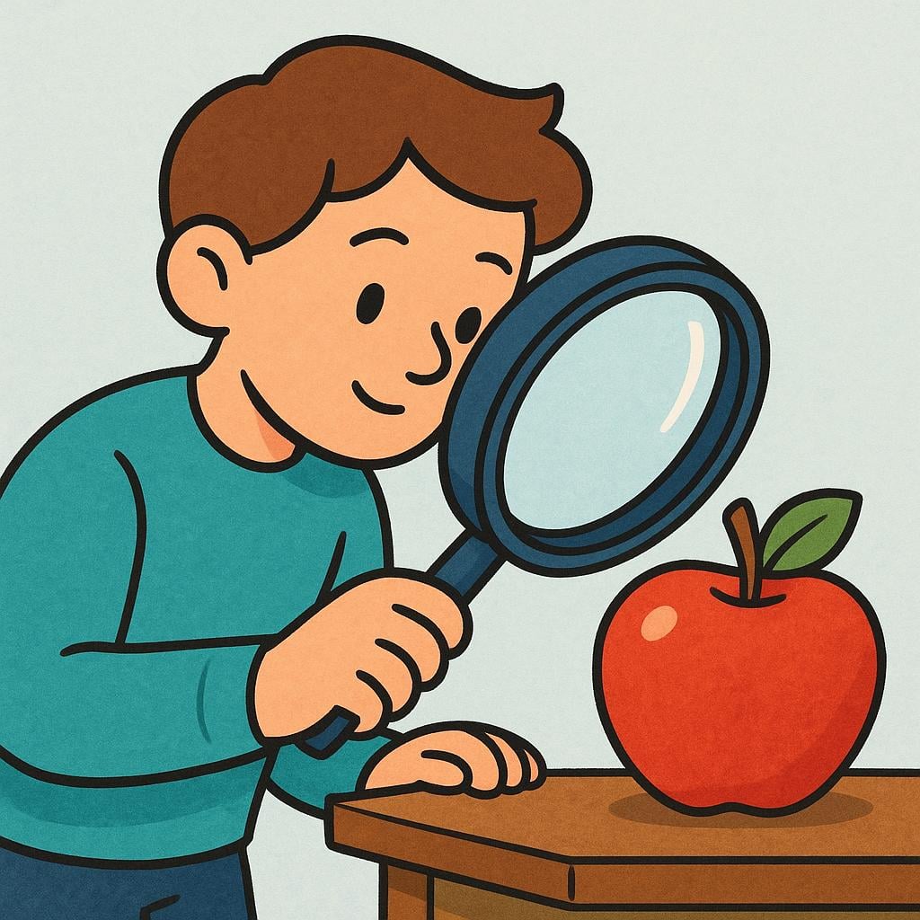 A curious person holding a large magnifying glass to closely examine a single red apple, symbolizing verification or making sure of something.