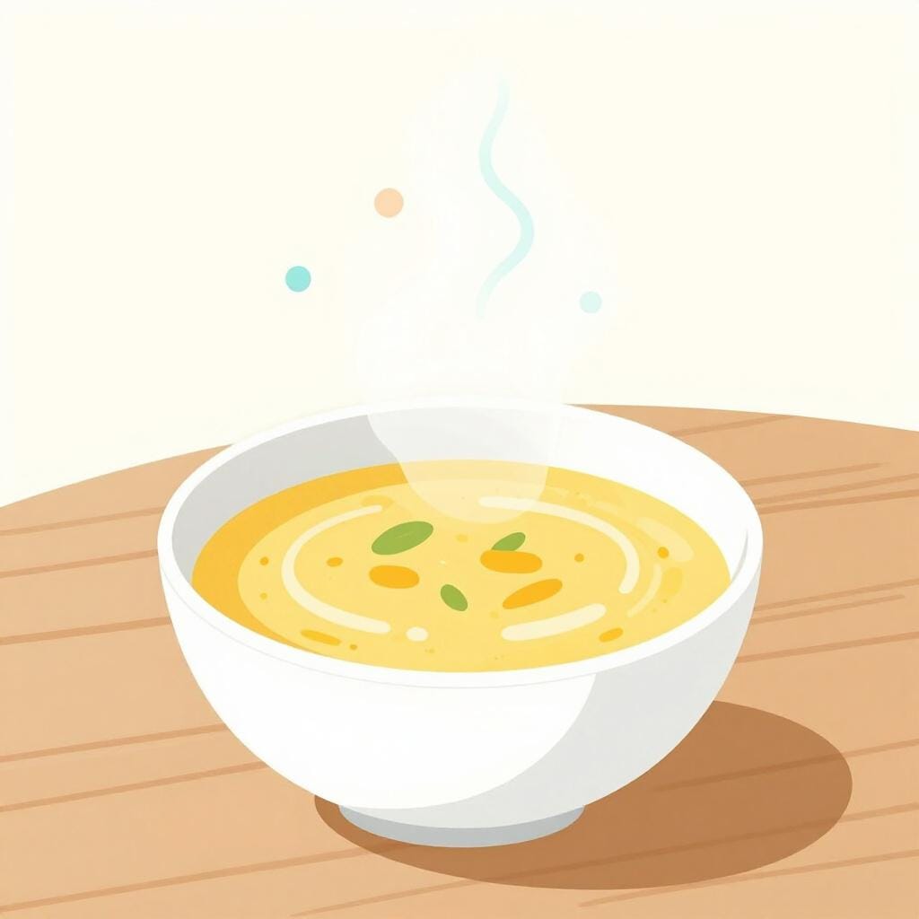 Eine dampfende Schüssel Suppe mit sichtbaren Wellenlinien, die ein angenehmes Aroma darstellen, das in die Luft steigt.