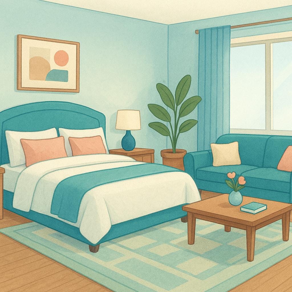 A simple illustration of a spacious hotel room featuring a bedroom area connected to a separate living room area with a couch.