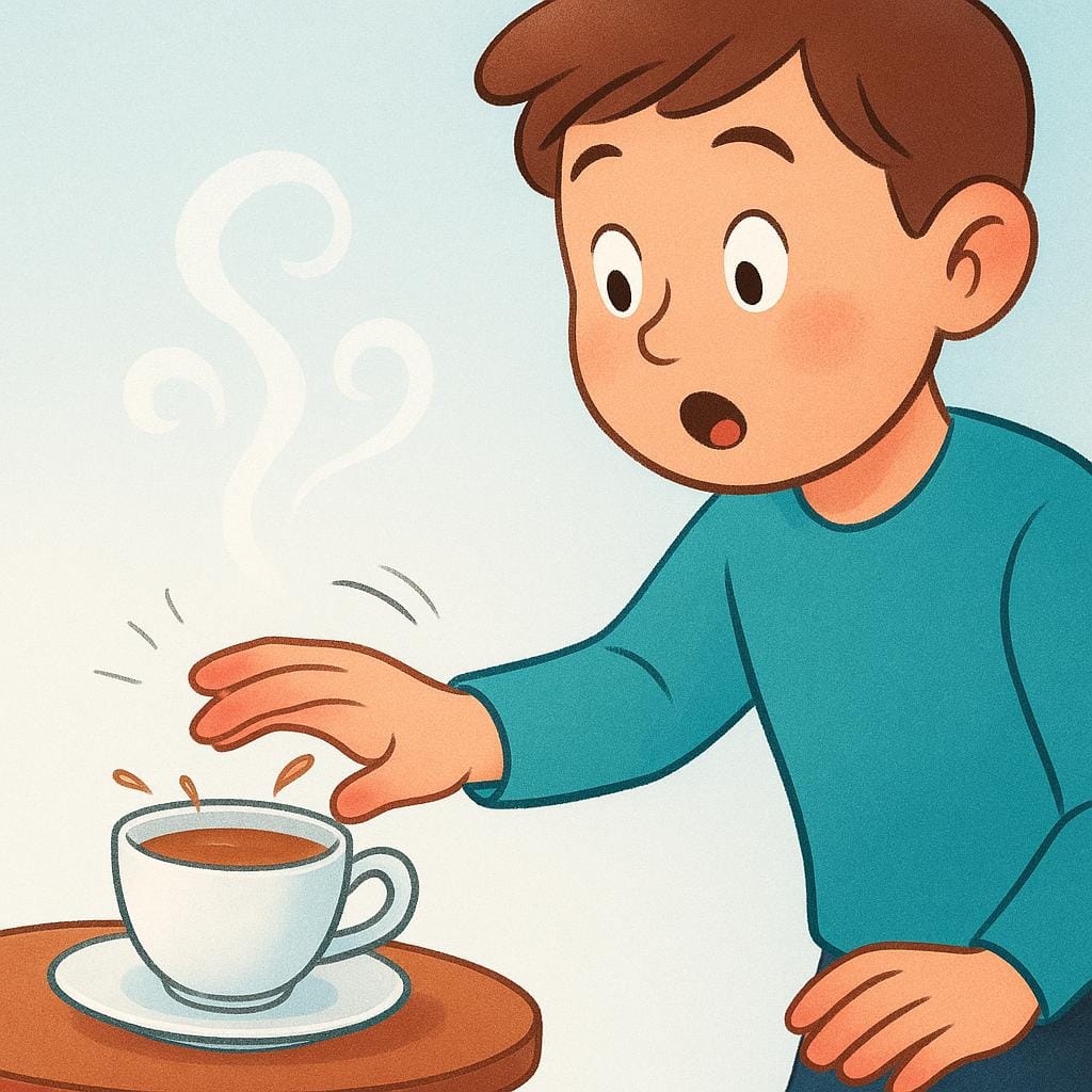 A cartoon drawing of a person quickly retracting their hand after accidentally touching a steaming hot object, showing a physical response.