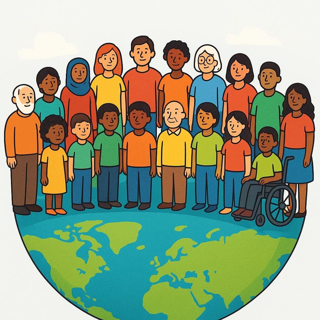 A stylized illustration showing a large, diverse group of people (various ages, skin tones, and genders) standing close together on a simplified representation of the Earth, symbolizing the collective human race.