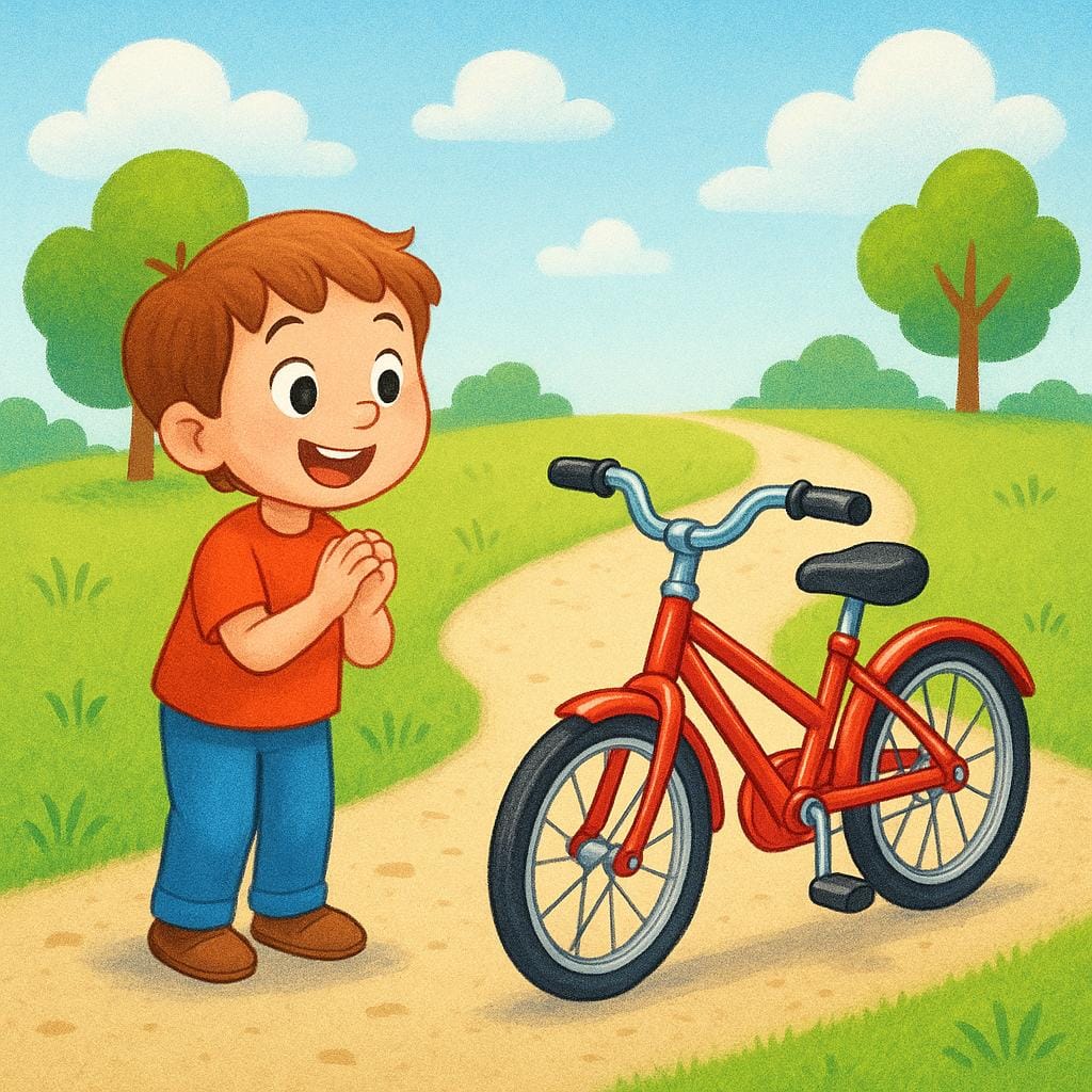 Un enfant heureux regardant avec enthousiasme un tout nouveau vélo rouge et brillant qui l'attend sur un chemin ensoleillé, symbolisant la possession future.