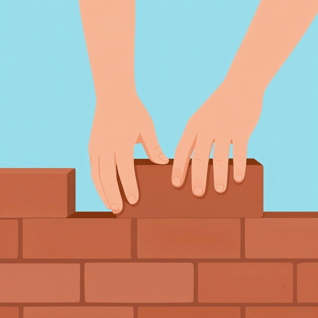 Een persoon die een tweede laag bakstenen toevoegt aan een tuinmuur.