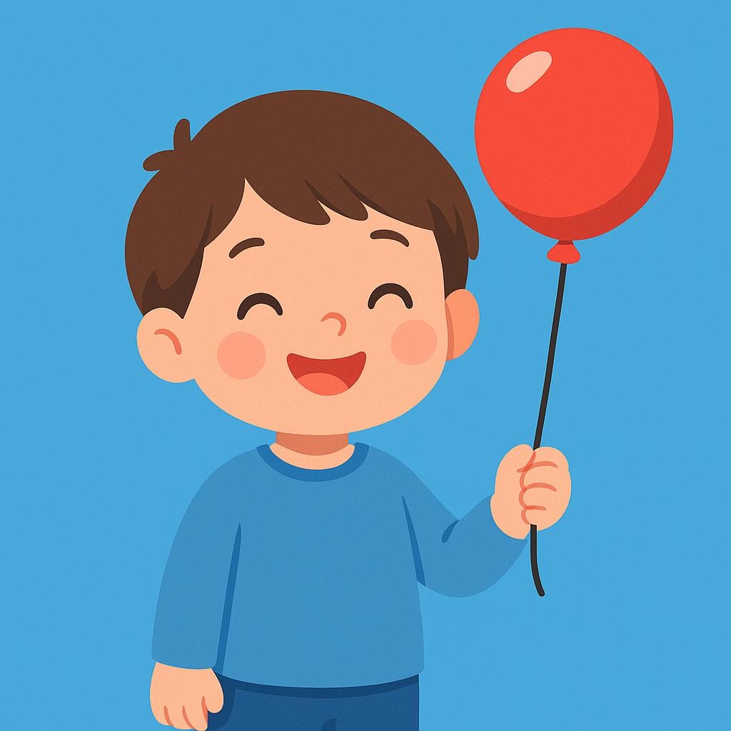 Uma criança pequena com bochechas rosadas sorrindo amplamente enquanto segura um balão vermelho vivo.