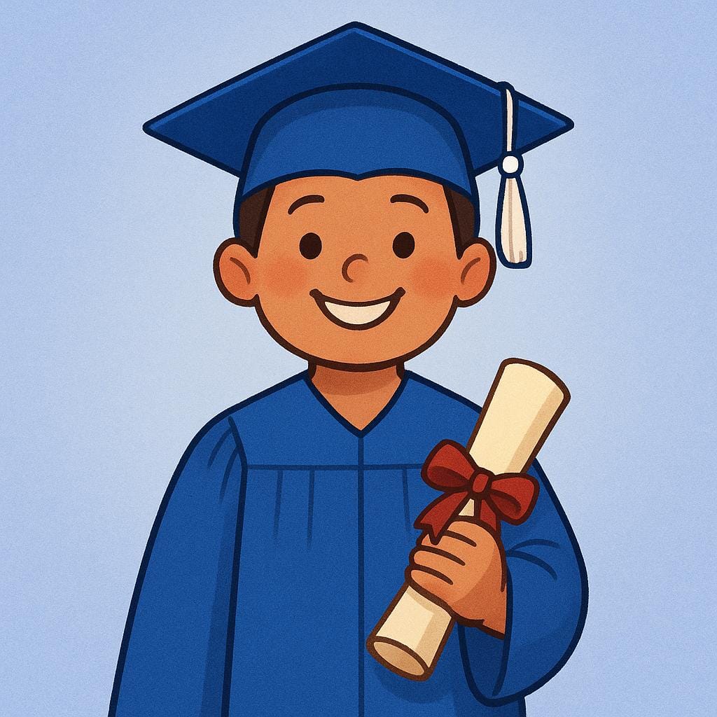 A smiling figure wearing a blue graduation cap and gown holds a rolled-up diploma scroll.