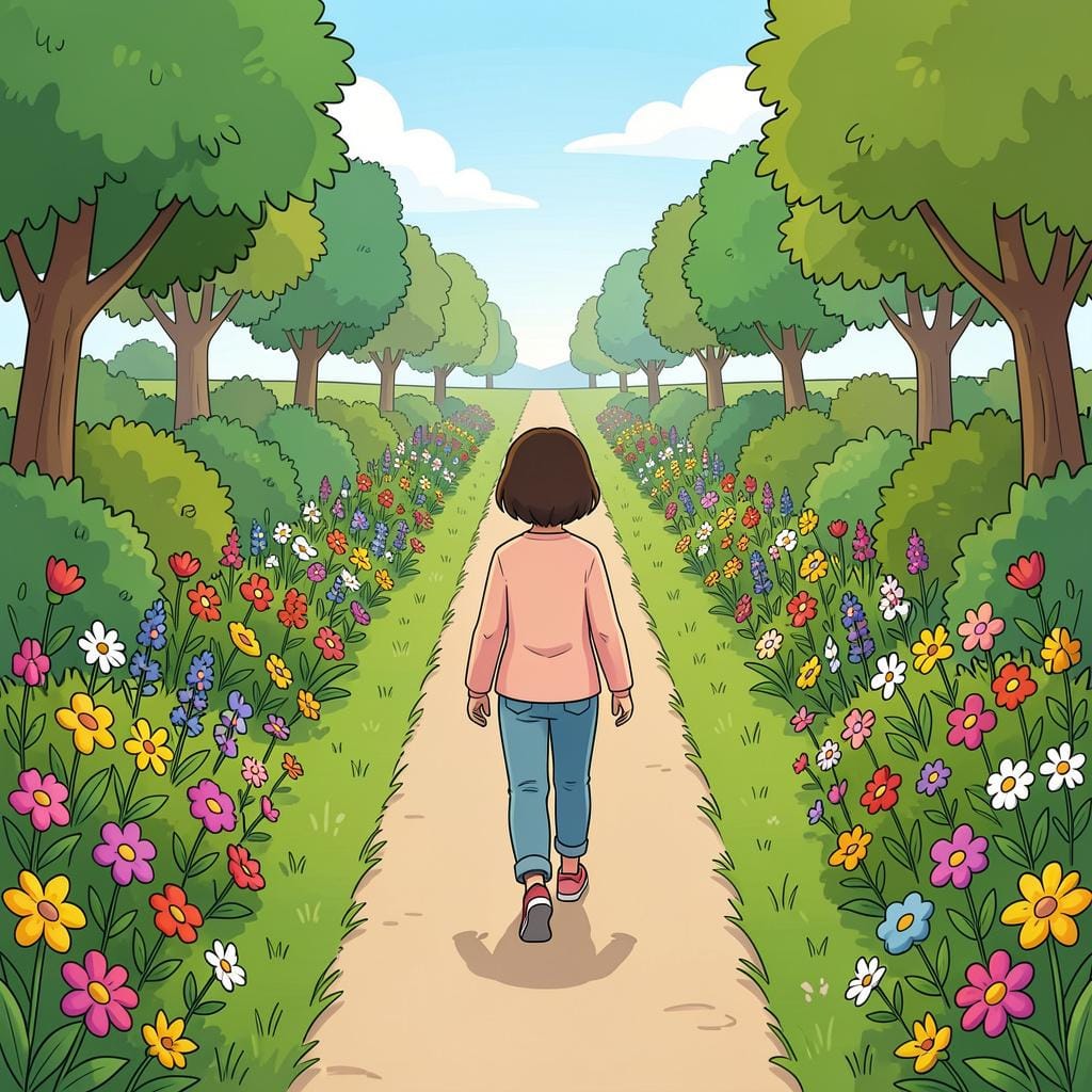 결정적인 표정으로 앞을 바라보며 구불구불한 정원길의 시작점에 서 있는 사람.