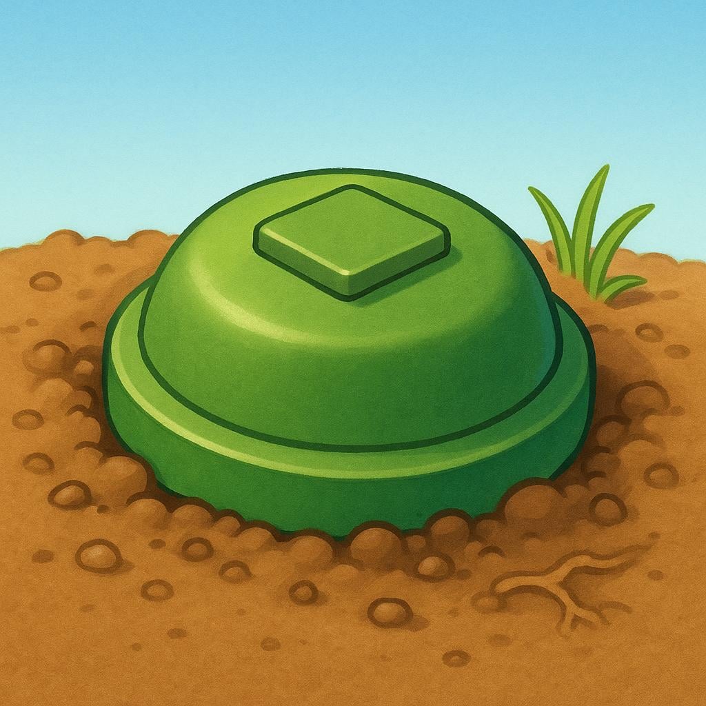A storybook illustration of a round, green landmine partially hidden beneath brown soil.