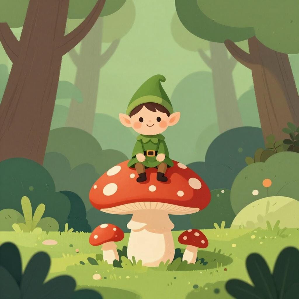 A small, friendly elf with a pointed green hat and boots sitting on a large red mushroom in a forest.