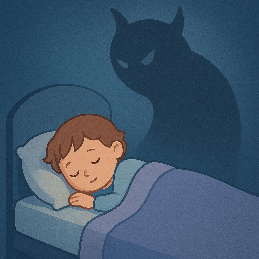 A storybook image of a child sleeping soundly in a bed in a dark room. A large, slightly scary, gray shadow figure is hovering silently above the child's head, symbolizing a nightmare.