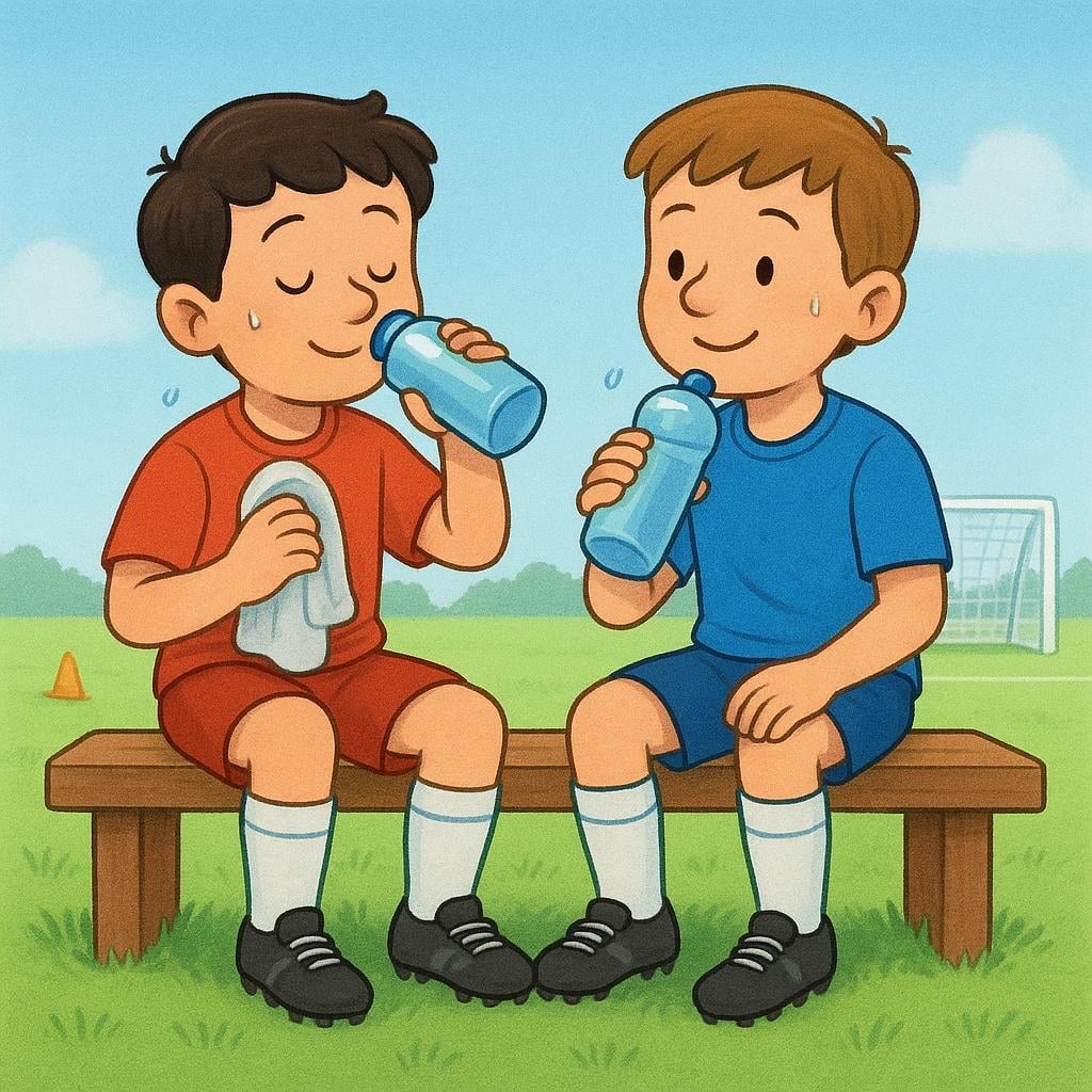 Two uniformed soccer players sitting side-by-side on a bench during a break, hydrating with water bottles.