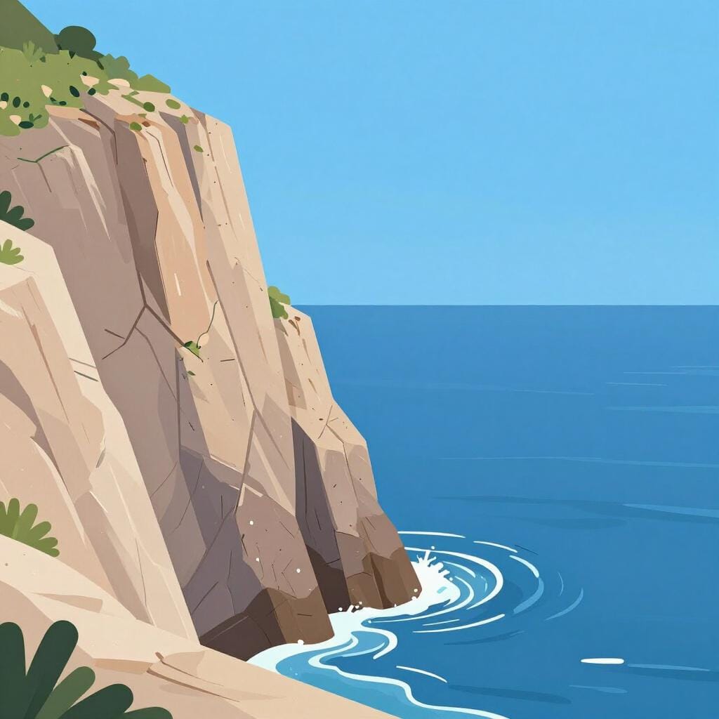A high, steep rocky cliff overlooking a blue ocean under a clear sky.