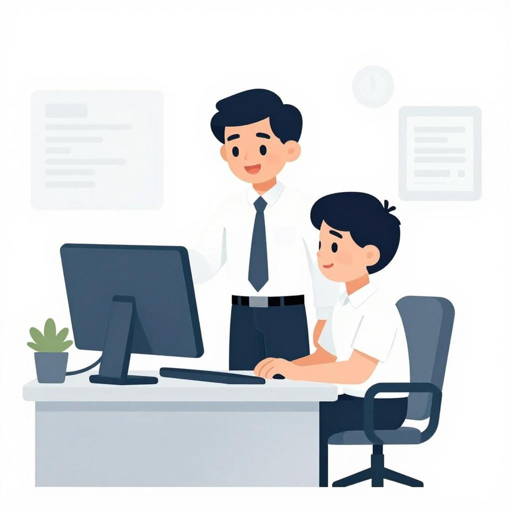 Ein freundlicher Manager in einem blauen Hemd steht und schaut auf den Laptop-Bildschirm eines Mitarbeiters in einem hellen Büro und gibt Daumen hoch.