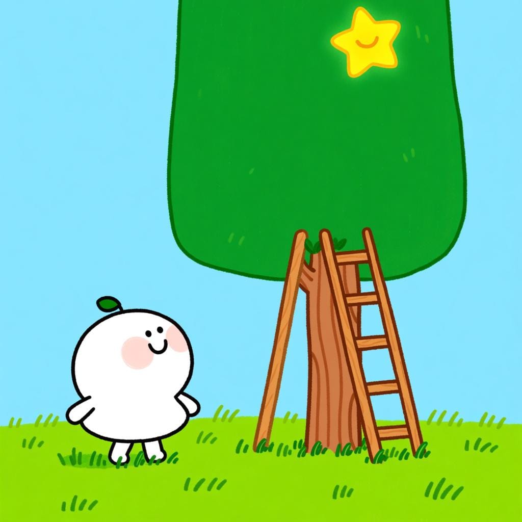 A small, cheerful figure standing on the ground, looking up at a tall, healthy tree where a single, bright golden fruit glows softly at the top, symbolizing potential ability or hope.