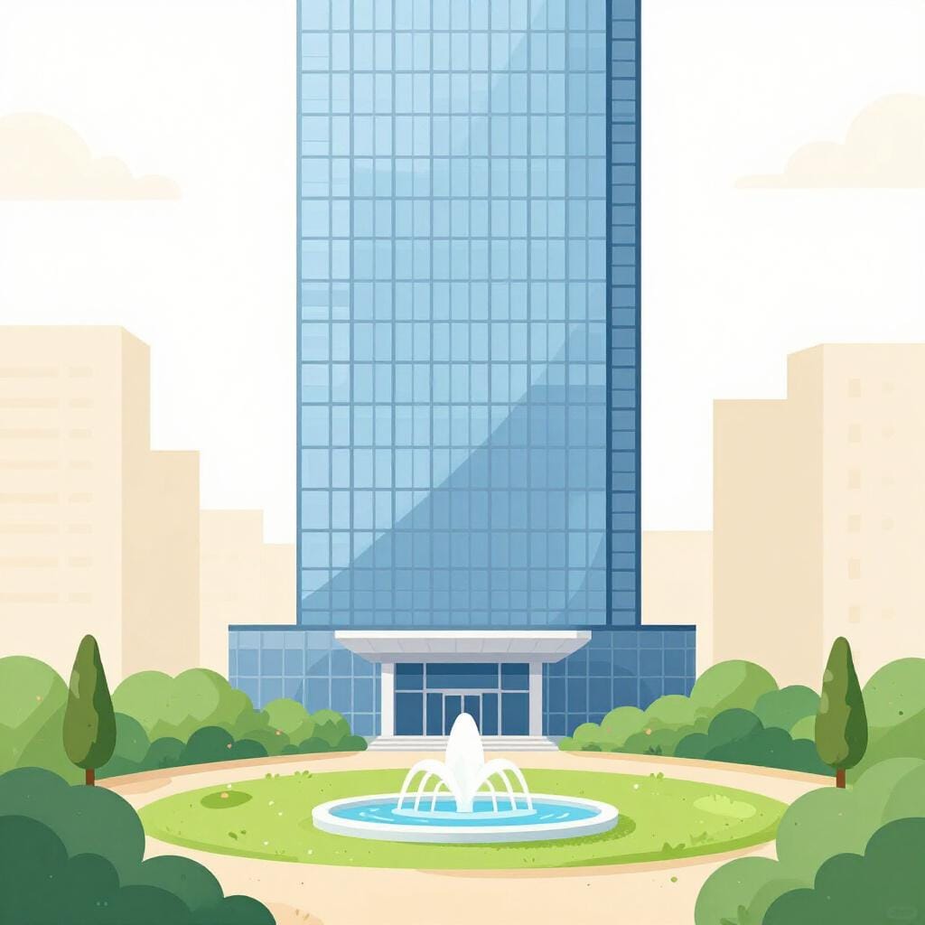 A tall, modern glass skyscraper representing a company's main office.