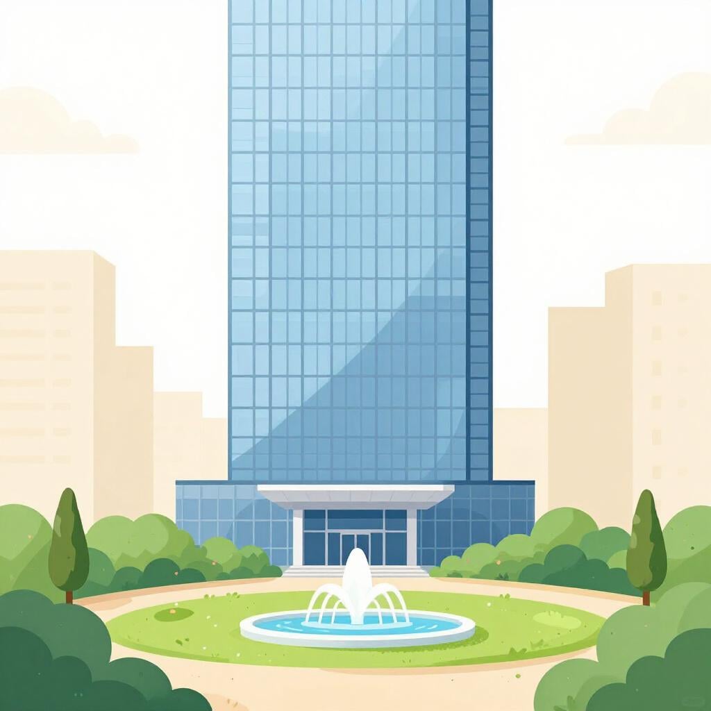 Ein hoher, moderner Glaswolkenkratzer, der das Hauptbüro eines Unternehmens repräsentiert.