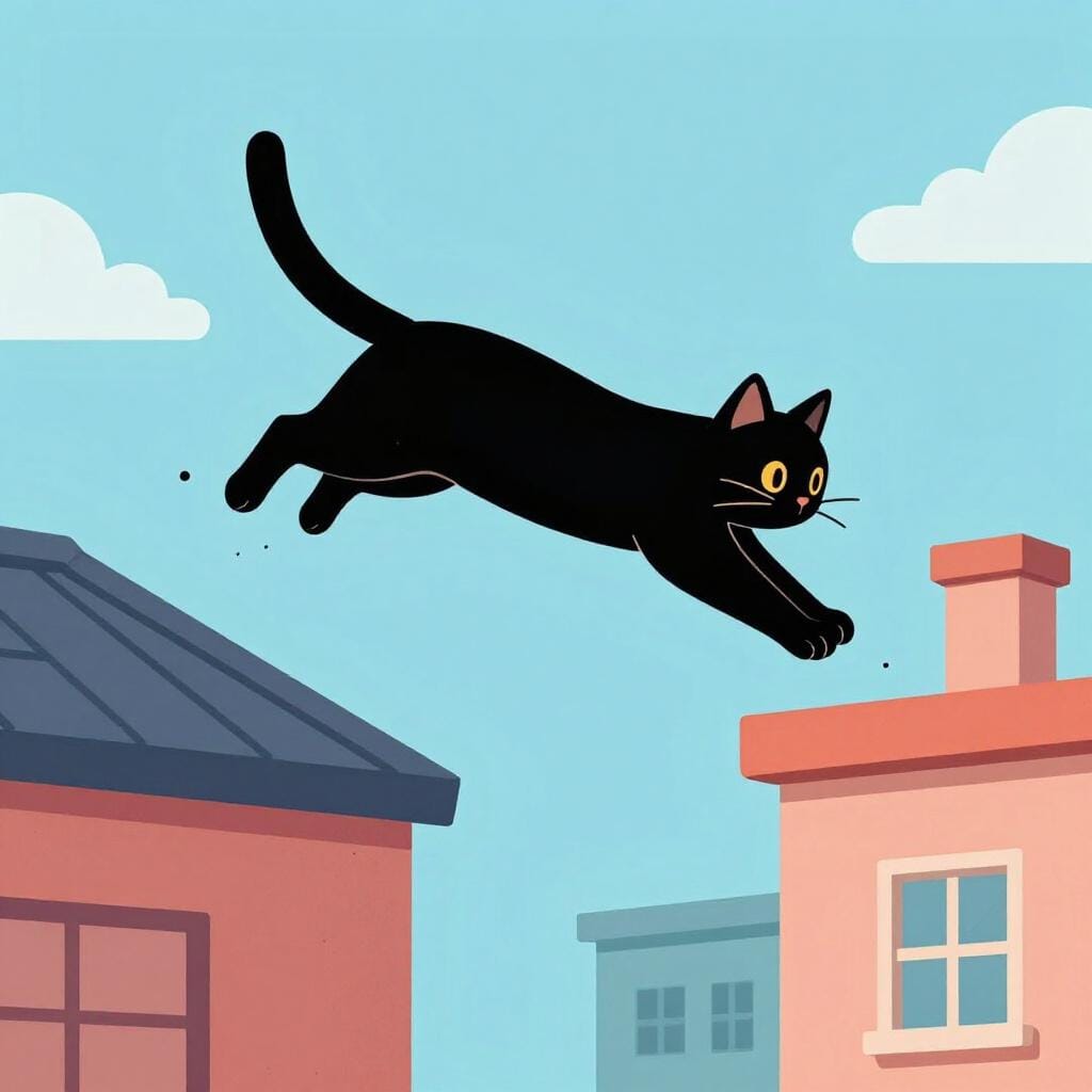 A nimble cat leaping gracefully between two rooftops.