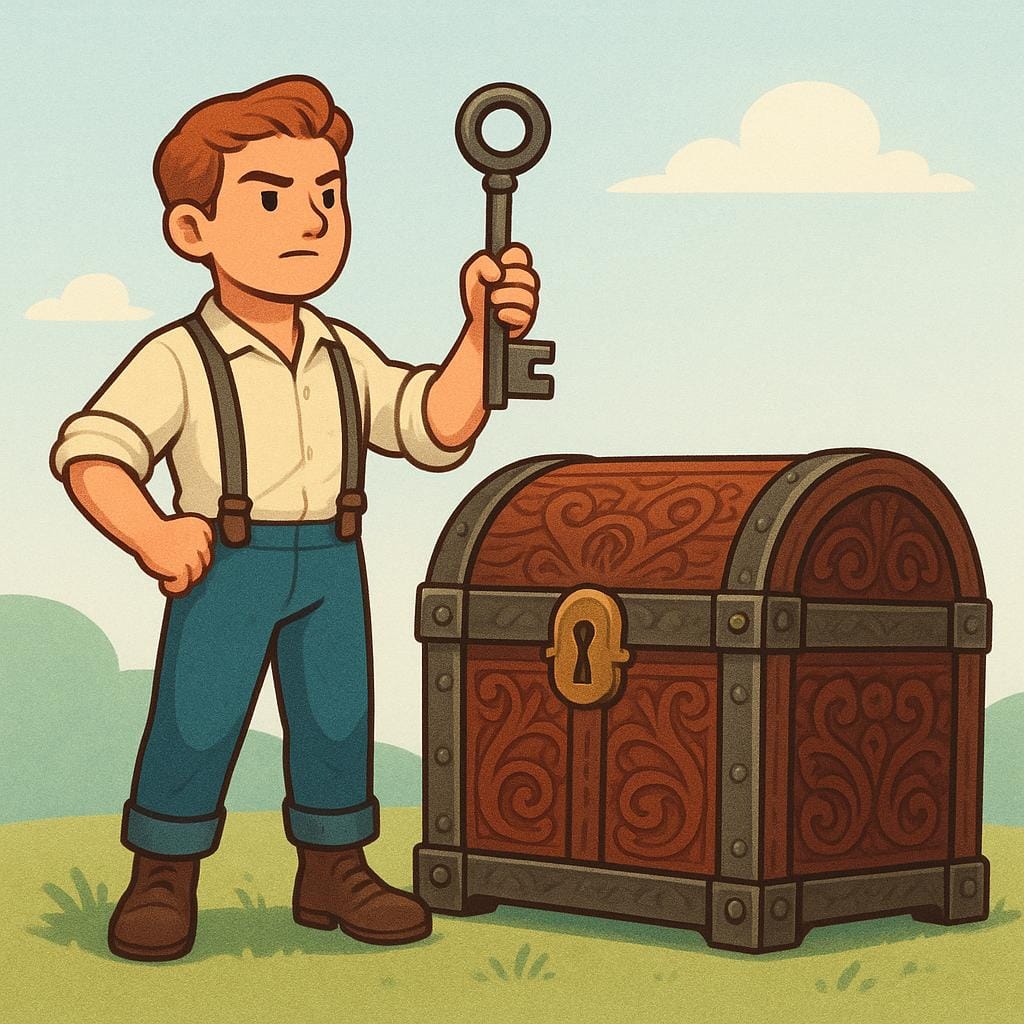 A determined person standing next to a large, ornate wooden chest, holding a single oversized key, symbolizing being in charge of a duty.