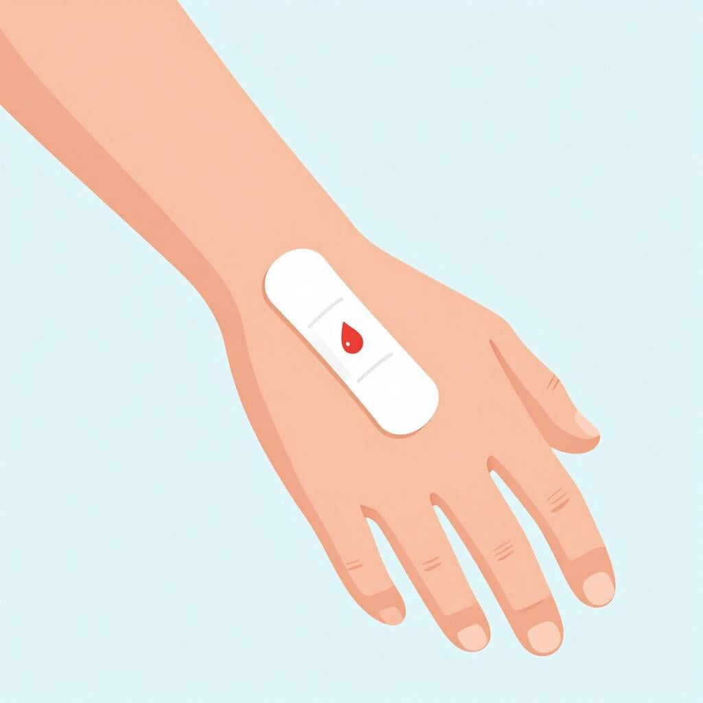 A small medical bandage on a person's arm with a single tiny red drop of blood showing.
