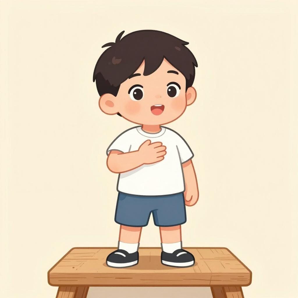 A child standing on a small wooden stage, looking upward with a hand on their chest as they speak with expression.