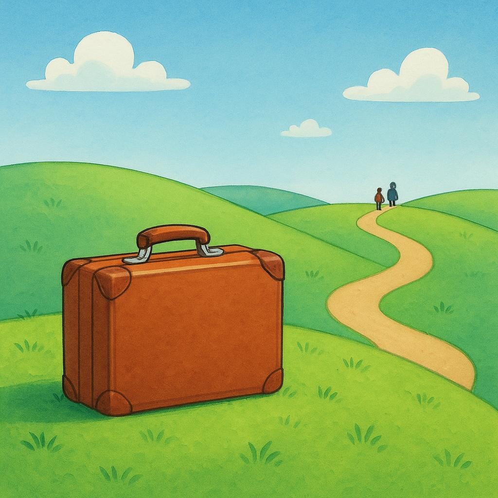 A solitary brown suitcase resting on a green hill, abandoned by two distant figures walking away into the background.