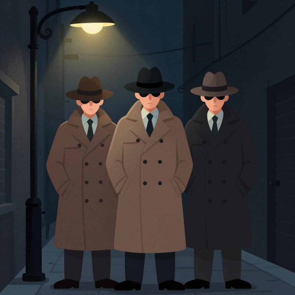 Three mysterious people wearing long coats and hats pulled low, whispering in a dimly lit alleyway.