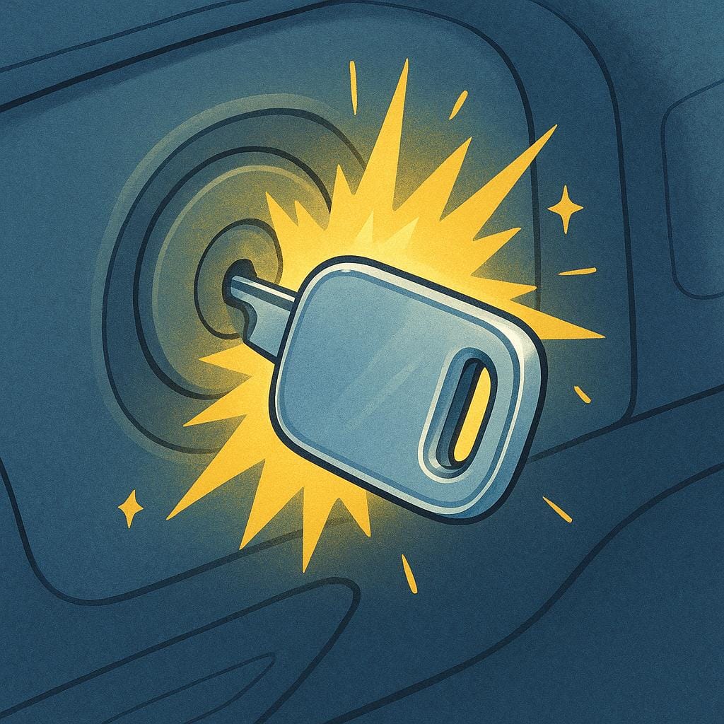 A close-up of a silver car key inserted into an ignition lock cylinder, shown mid-turn with a stylized yellow spark emanating from the mechanism, symbolizing ignition.