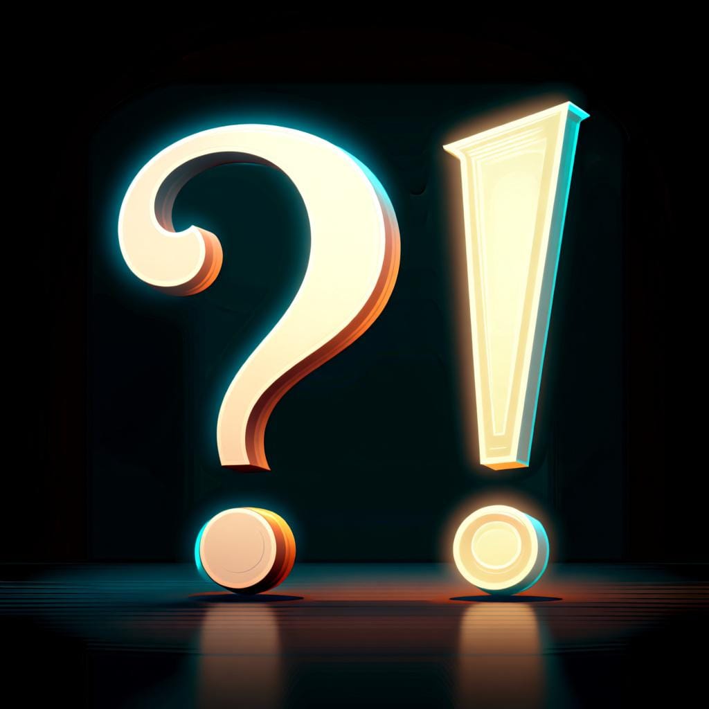 A glowing question mark and exclamation point, representing 'qué' used for asking 'what?' and making exclamations like 'what a...!'