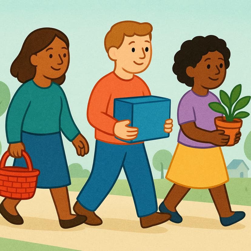 A high quality simple colorful storybook illustration showing three happy cartoon characters, one carrying a basket, one carrying a box, and one carrying a potted plant. They are all walking together toward the viewer, clearly delivering the items.