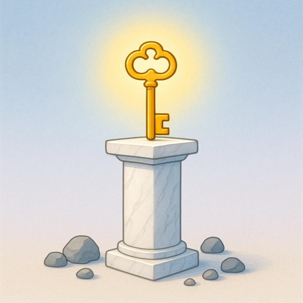 A brightly glowing golden key resting on a tall marble pedestal, symbolizing its significance, surrounded by small, dull grey rocks.
