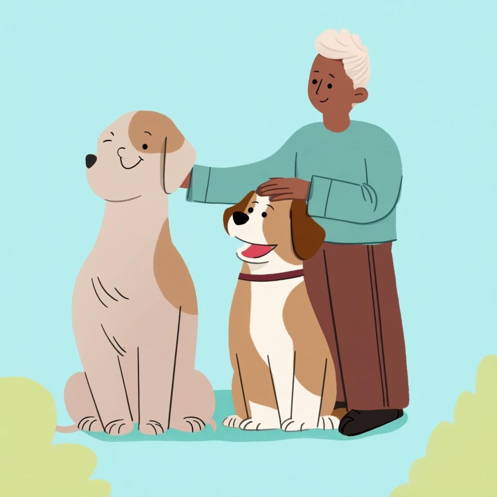 A person standing while gently petting a large, happy, loyal dog sitting obediently at their feet.