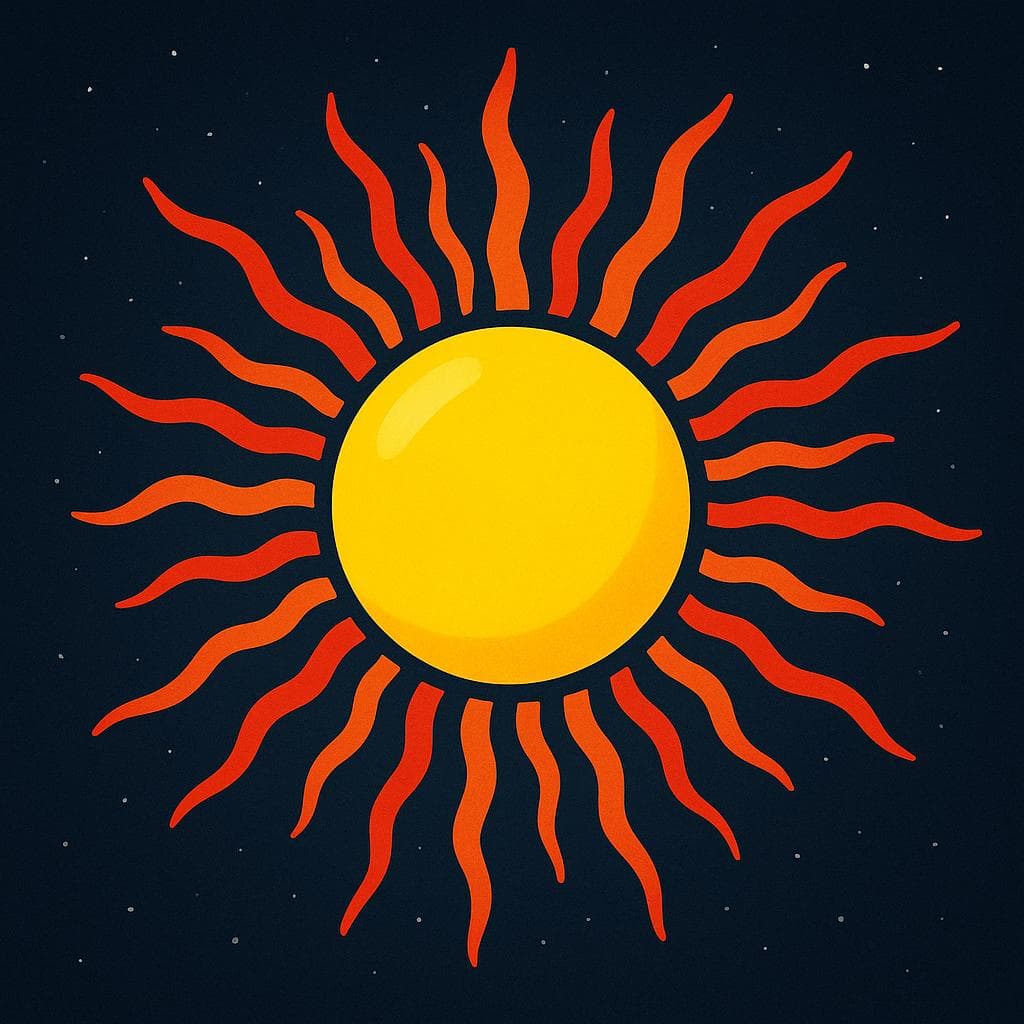 Eine einfache, leuchtend gelbe Kugel, die in einem dunklen Raum schwebt und mehrere dicke, wellige orange-rote Energiestrahlen in alle Richtungen aussendet.