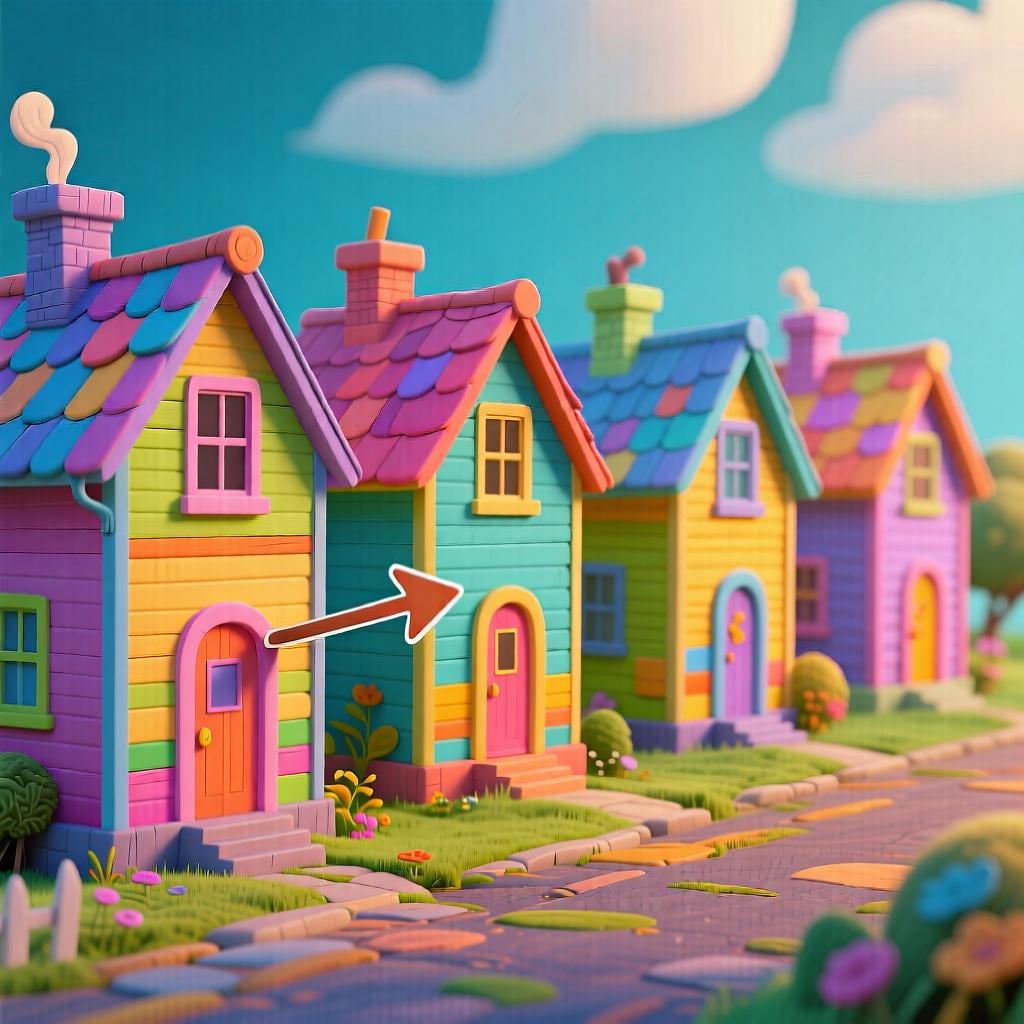 A row of five colorful houses, with an arrow pointing to each one individually to represent the concept of 'each'.